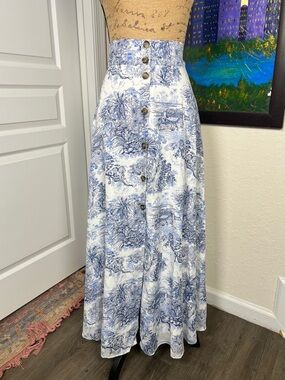 Blue Toile Button-Front Maxi Skirt - Women